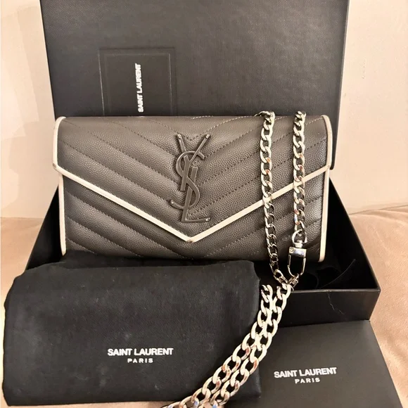 Saint Laurent YSL Cassandre Chevron Quilted Grey Leather Long Wallet W/ COA - Picture 14 of 15